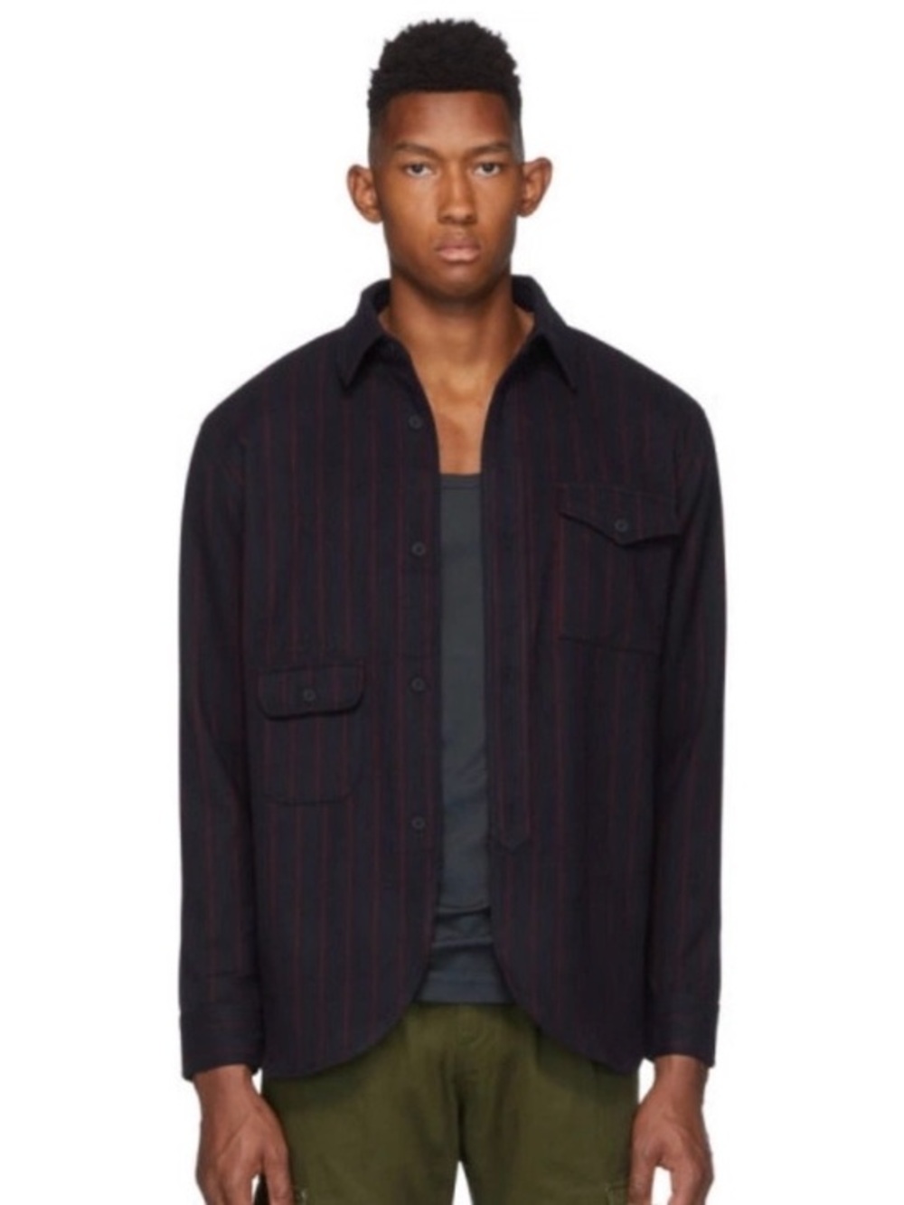 Han Kjobenhavn Navy Red Pinstripe Army Shirt Wool Blend Overshirt Minimalist